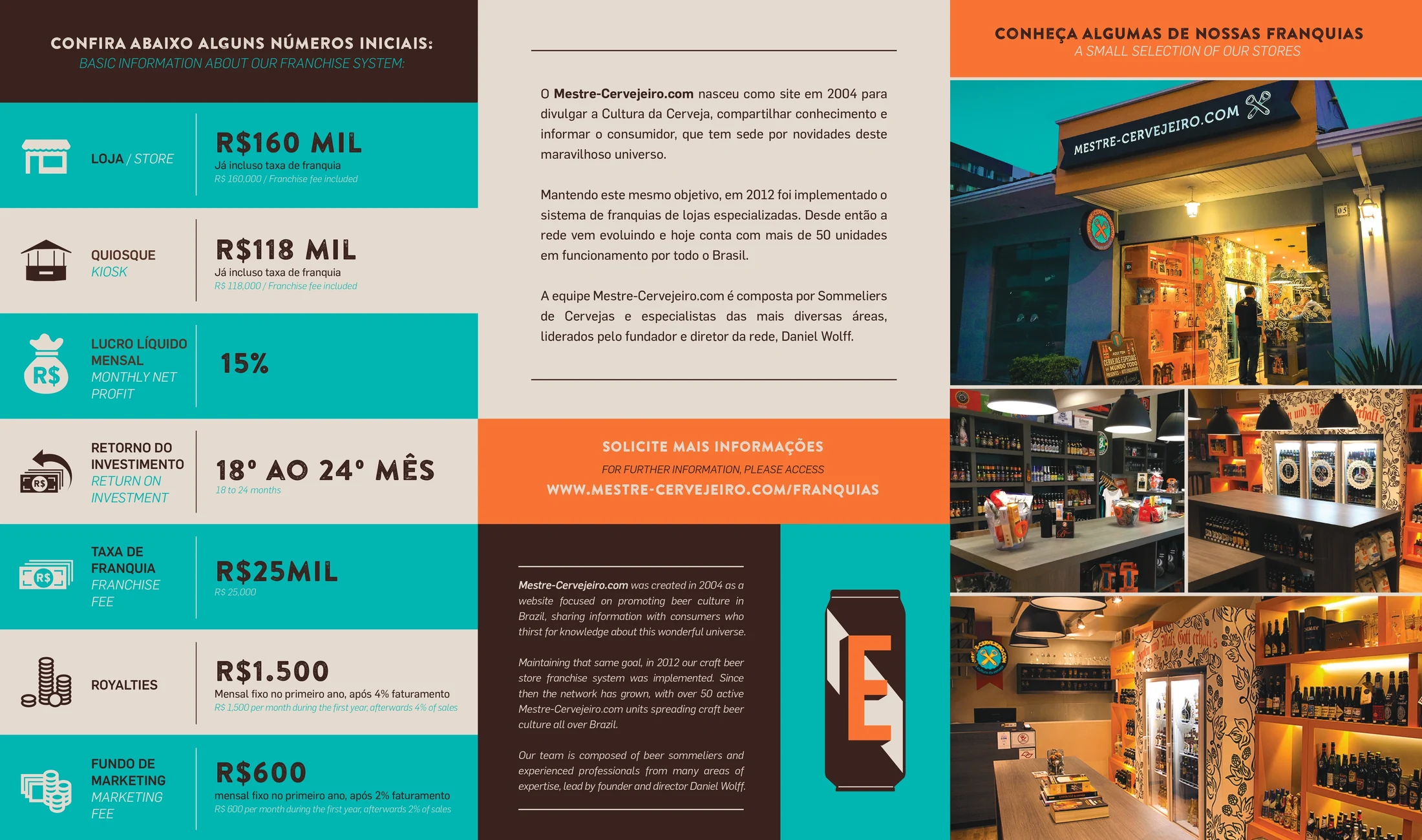 Material de apresentação das franquias Mestre-Cervejeiro.com, com informações da rede e imagens de lojas.